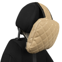 Adjustable car headrest pillow made of eco-leather, beige diamond pattern
