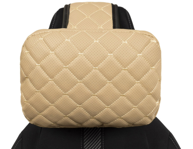 Adjustable car headrest pillow made of eco-leather, beige diamond pattern
