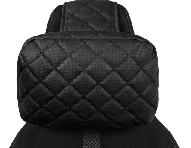 Adjustable car headrest pillow made of eco-leather, black diamond pattern