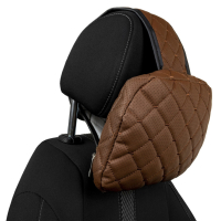 Adjustable car headrest pillow made of eco-leather, brown diamond pattern