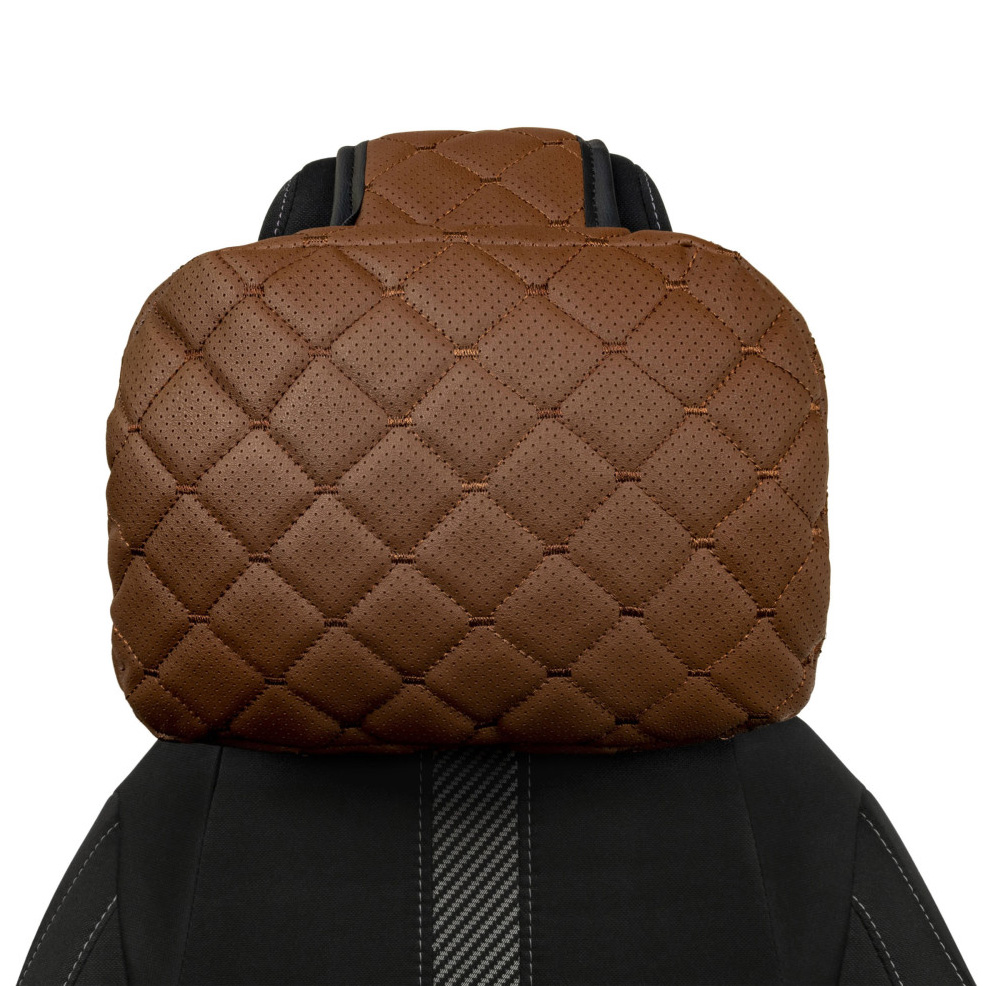 Adjustable car headrest pillow made of eco-leather, brown diamond pattern