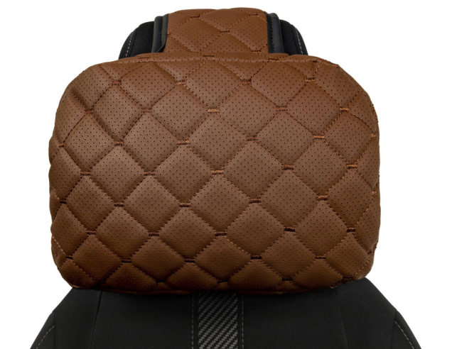 Adjustable car headrest pillow made of eco-leather, brown diamond pattern